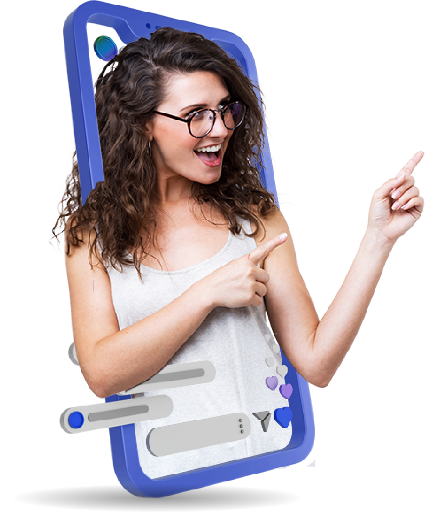 Una mujer con gafas apunta a un teléfono celular.