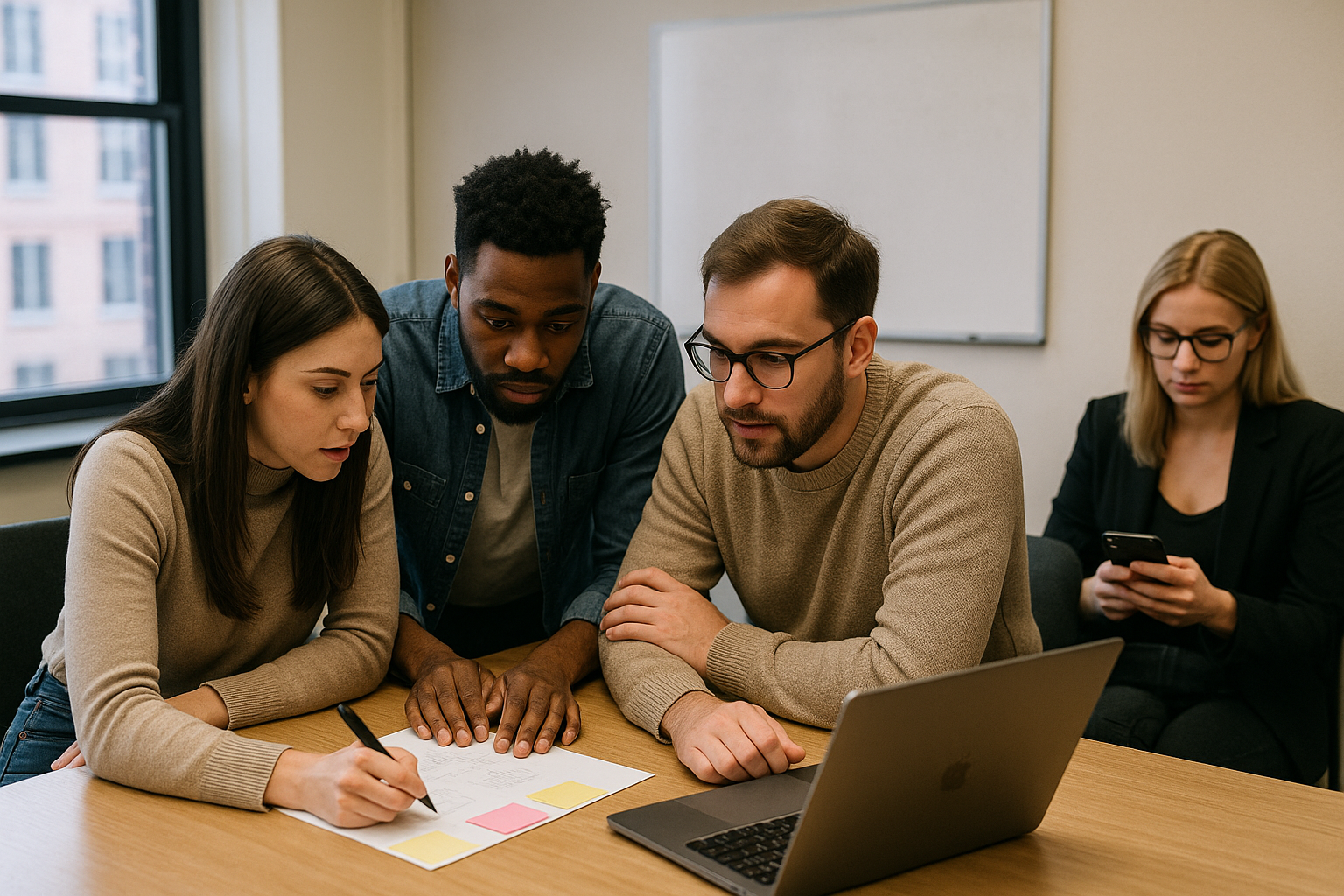 Team collaborating with an AI assistant at the center of their workflow