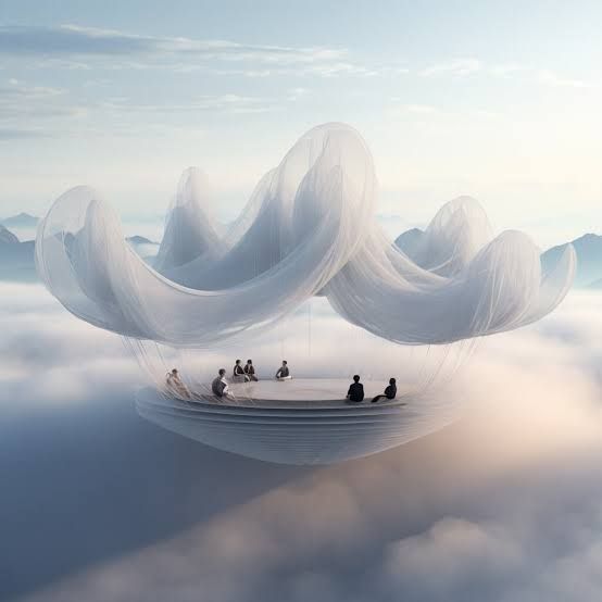 A circular platform in the clouds holds seated figures, surrounded by billowing, cloud-like structures.