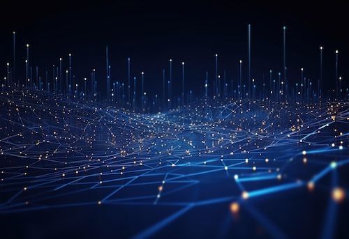 Blue digital network with interconnected lines and glowing dots, representing data flow.