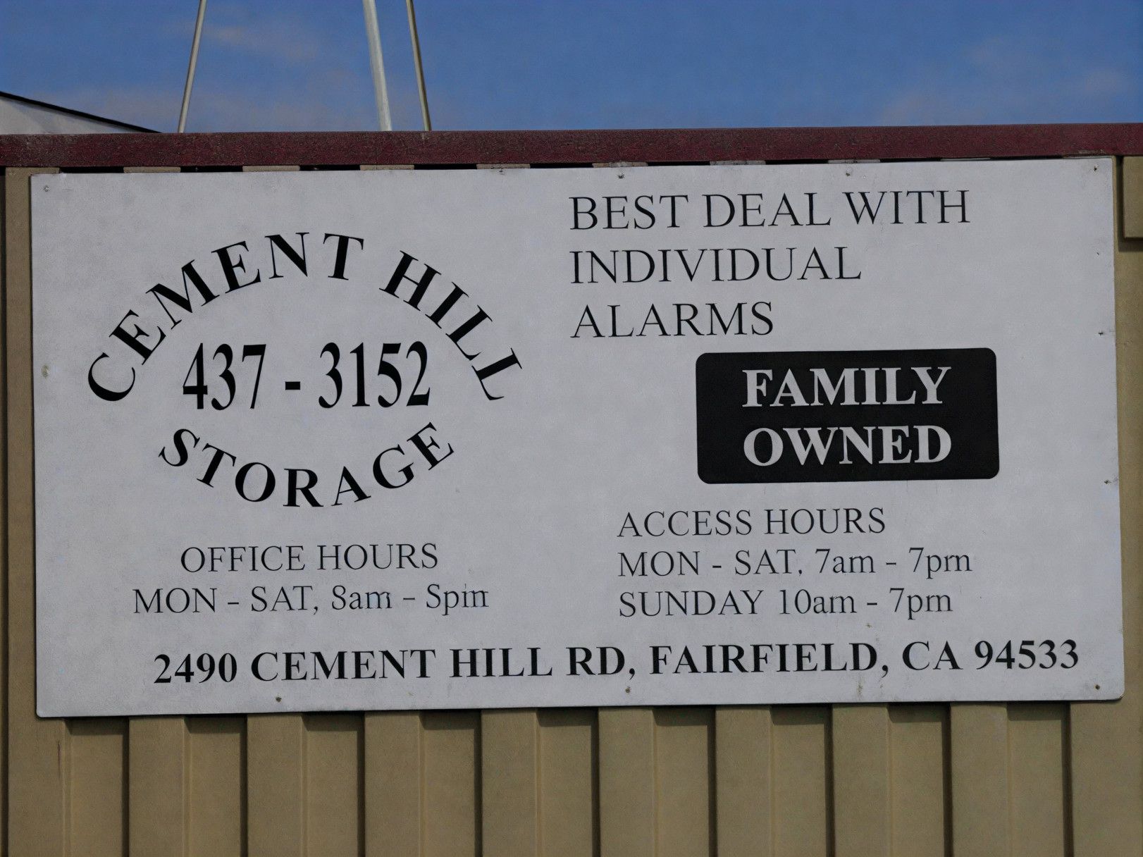 Sign for Cement Hill Storage, Fairfield, CA. Text includes phone, hours, and 
