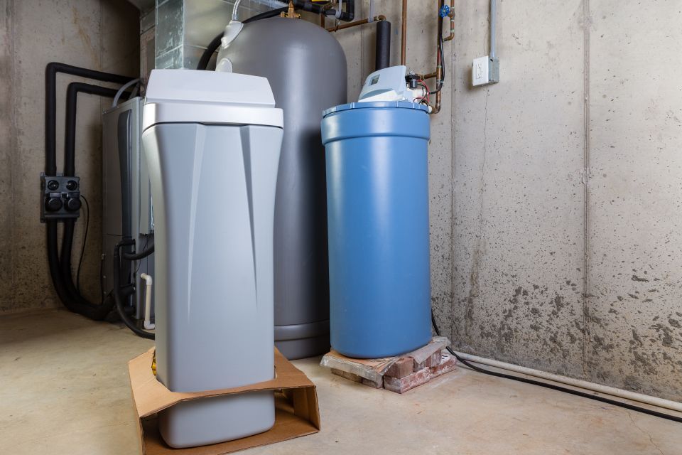 Water softening system in a basement setting. Gray and blue tanks, concrete walls.