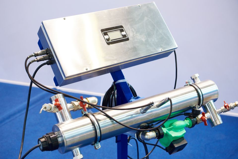 UV water purifier system: stainless steel cylinder with attached control panel, valves, and wiring.