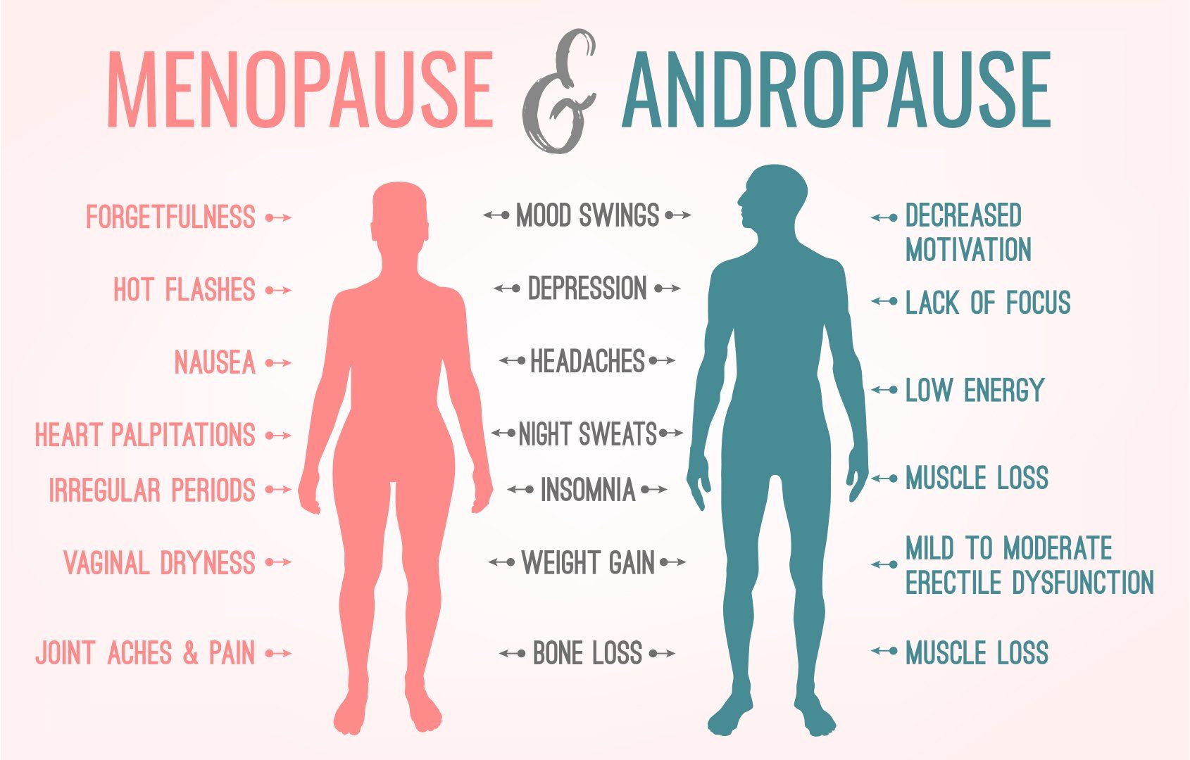 menopause & andropause diagram. symptoms of menopause: forgetfulness, hot flashes, nausea, heart palptations, irregular periods, vaginal dryness, joint aches and pain. symptoms of andropause: decreased motivation, lack of focus, low energy, muscle loss, mild to moderate erectile dysfunction, muscle loss. symptoms common to both: mood swings, depression, headaches, night sweats, insomnia, weight gain, and bone loss.