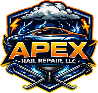 Logo for Apex Hail Repair, LLC, featuring a car with lightning, clouds, and tools, in blue, orange, and gray.