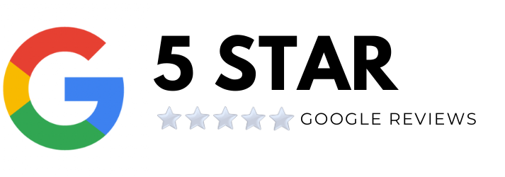 Google logo with “5 STAR” text and five light gray stars labeled “Google Reviews”