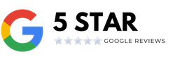 Google logo with “5 STAR” text and five light gray stars labeled “Google Reviews”