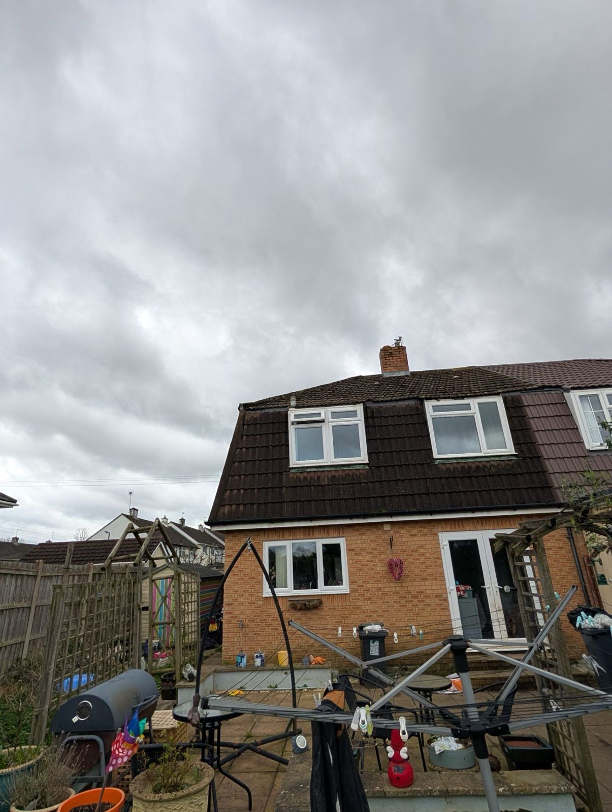 Backyard with a brick house, cloudy sky, and a cat sitting on the roof