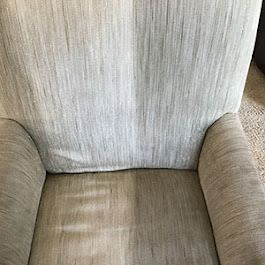 A couch before and after a Schmitz employee cleans it