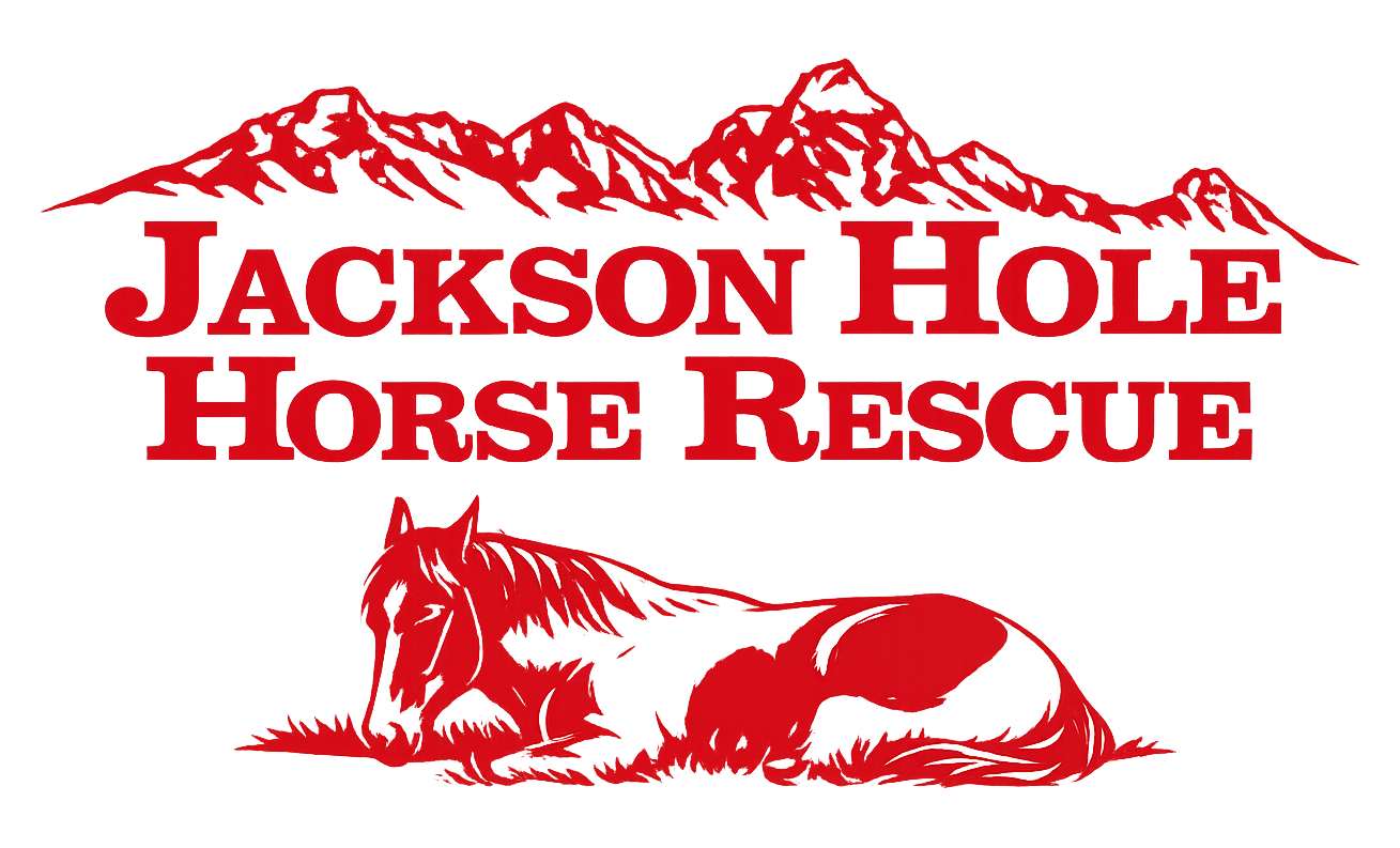 Jackson Hole Horse Rescue logo with red text and two resting horse silhouettes