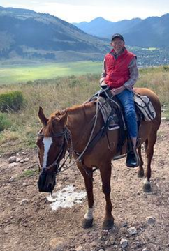 Person in red vest riding a brown horse on a mountain trail with a scenic valley behind.