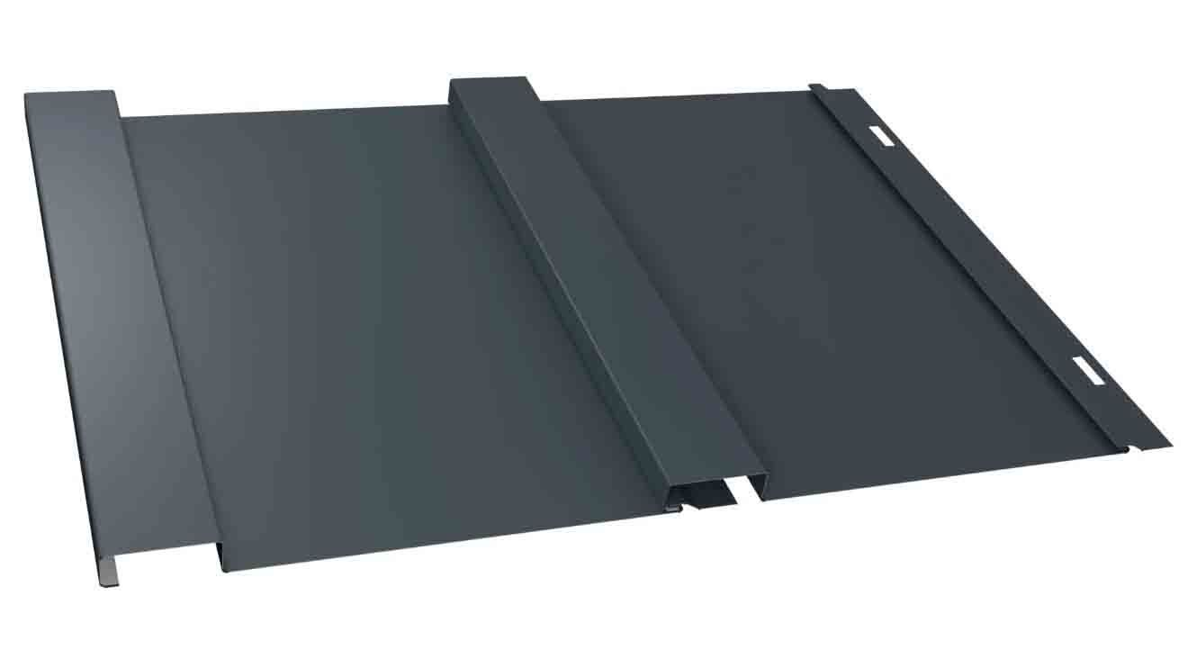 Copper rain gutter installed on a dark metal roof.