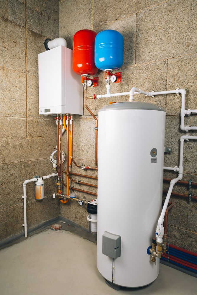 A Water Heater is Sitting in a Room Next to a Boiler — Beaumont Plumbing in Glenfield Park, NSW