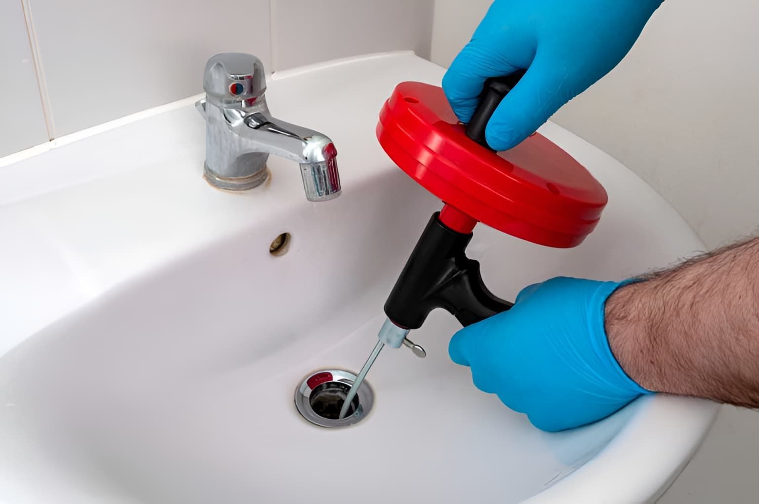 A Person is Using a Drain Snake to Unblock a Sink — Beaumont Plumbing in Glenfield Park, NSW