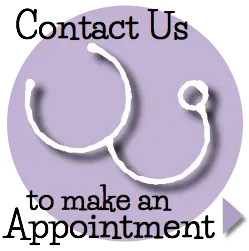 Contact us to make an appointment. Purple circle with white stethoscope graphic.