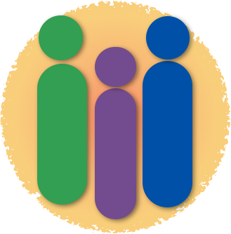 Three stylized figures: green, purple, and blue, on a yellow background.