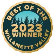 Best of the Willamette Valley 2023 Winner badge with teal trees and gold accents.