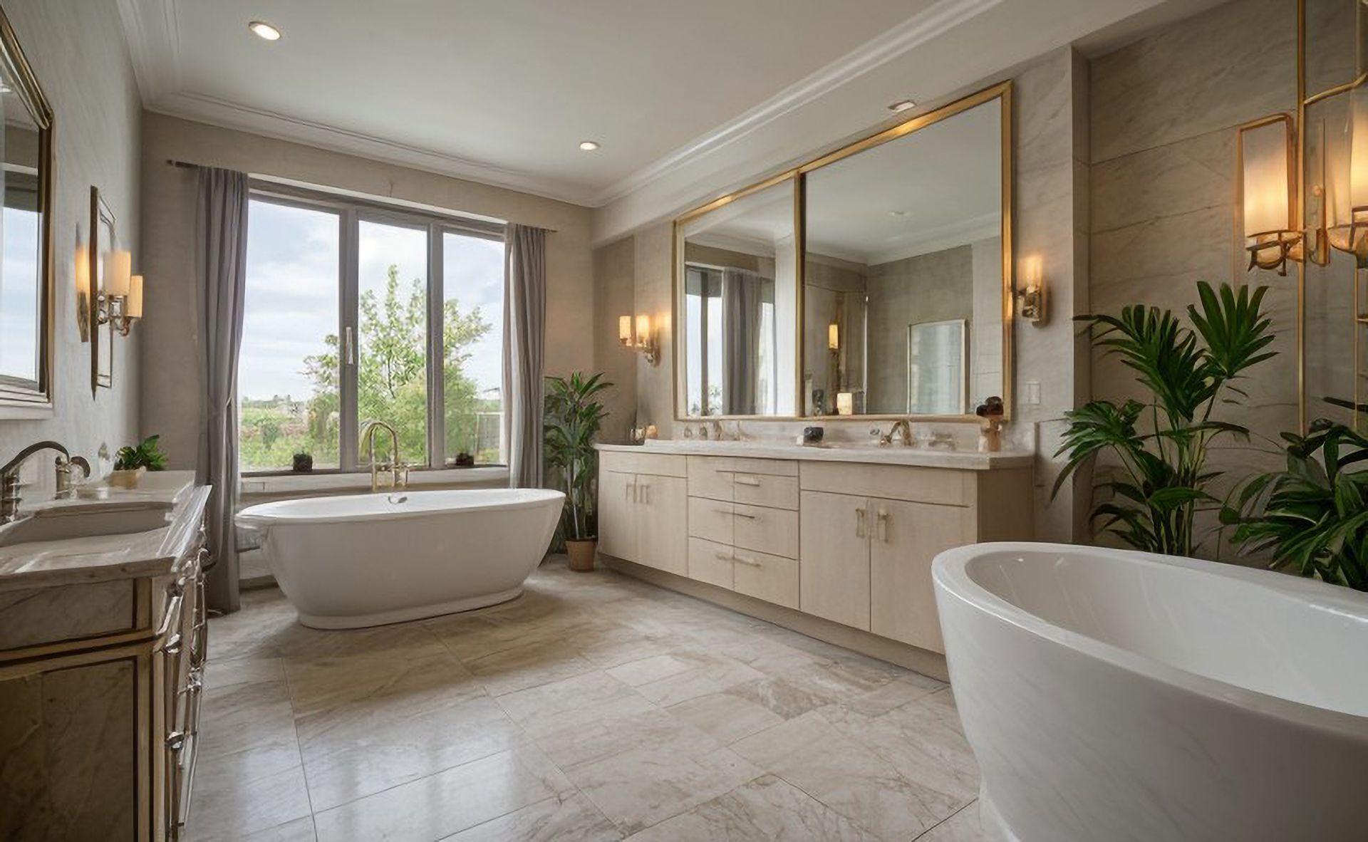 Spacious bathroom with large mirror, two vanities, and freestanding bathtubs. Neutral tones, plants, and natural light.