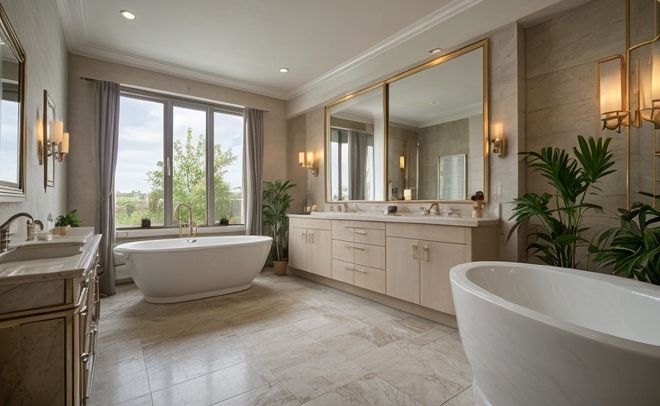 Spacious bathroom with large mirror, two vanities, and freestanding bathtubs. Neutral tones, plants, and natural light.