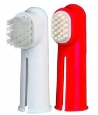 Cepillos de dientes de dedo blancos y rojos para mascotas.