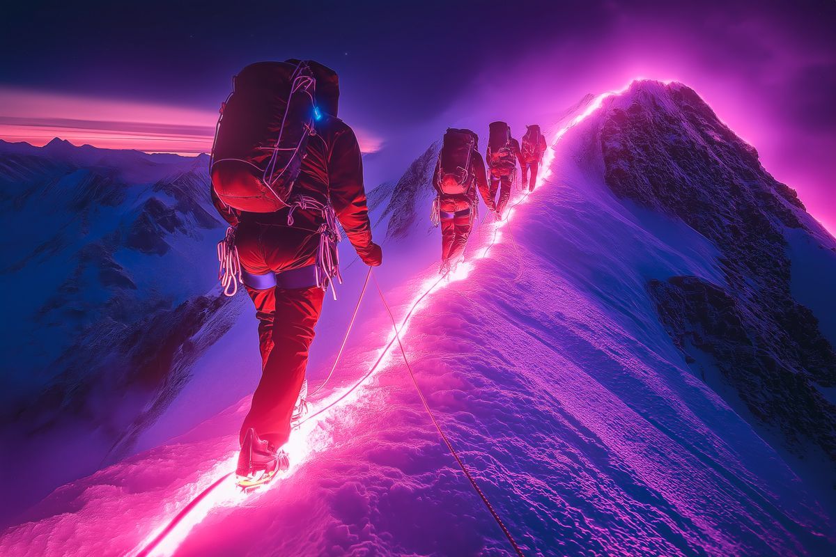 Eine Gruppe von Leuten wandert einen schneebedeckten Berg hinauf.