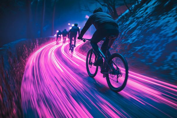 Eine Gruppe von Leuten fährt mit Fahrrädern eine neonbeleuchtete Straße entlang.