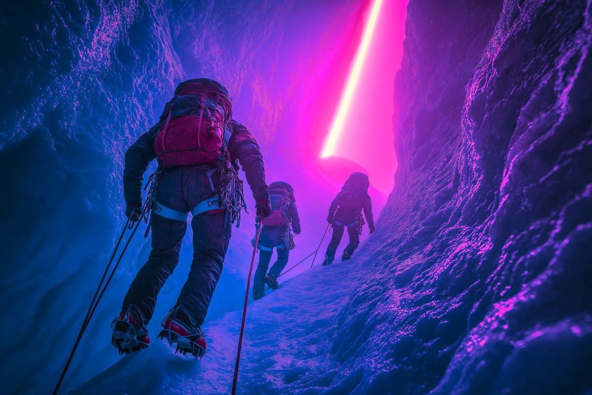 Eine Gruppe von Leuten klettert einen schneebedeckten Berg hinauf.