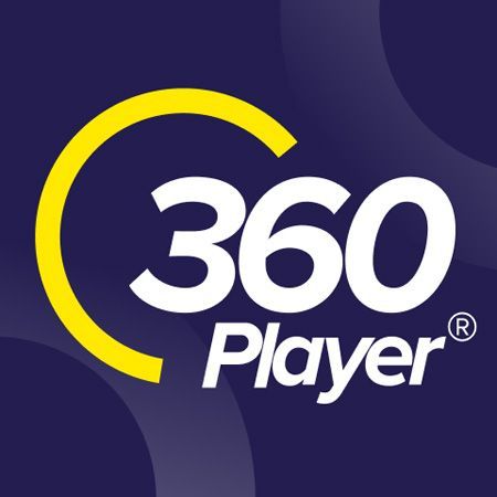 Logo for 360 Player, white text with a yellow ring on a blue background.