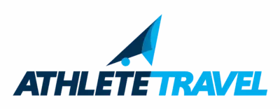 Athlete Travel logo: Text and an upward arrow made of blue shapes.