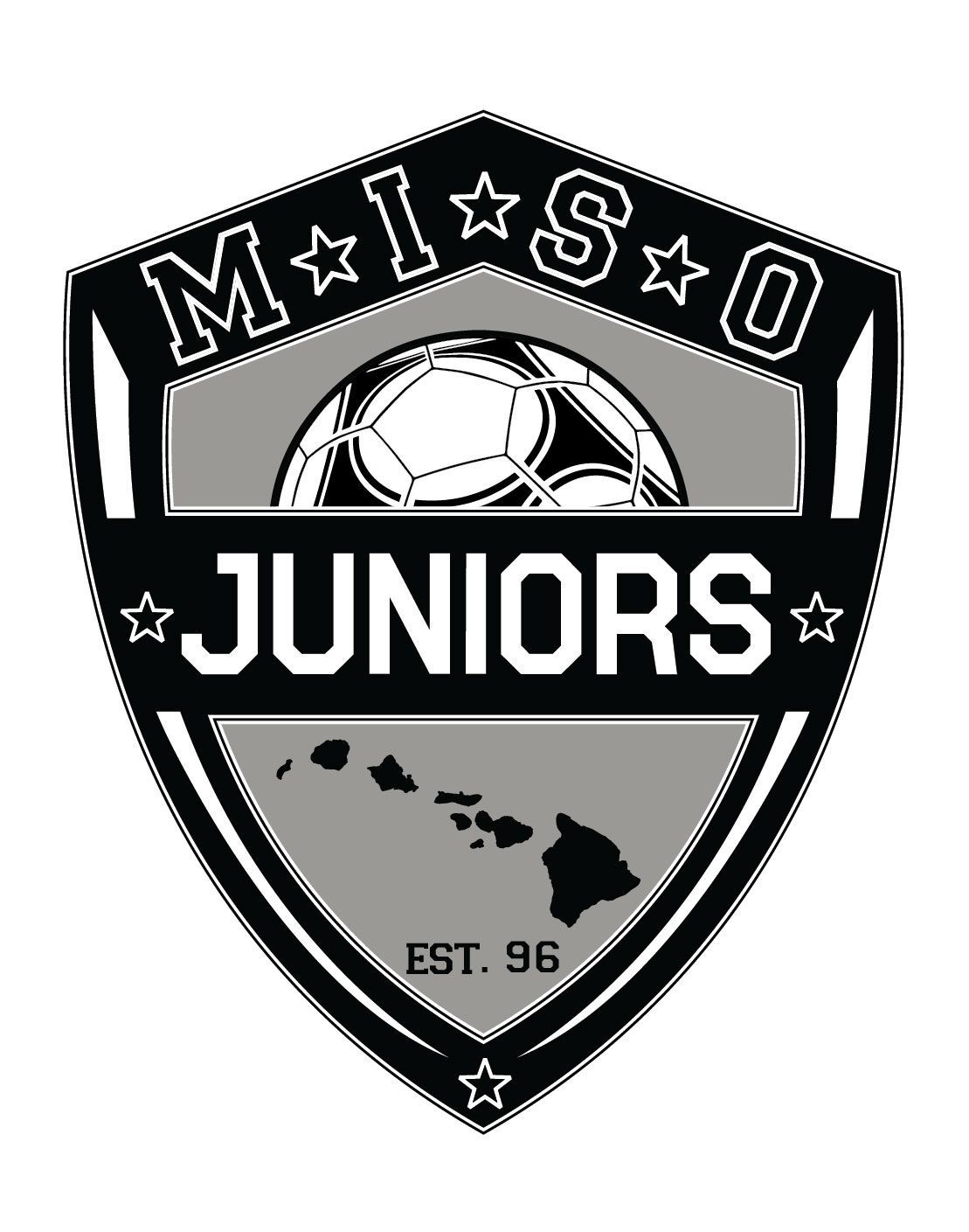 Logo for Miso Juniors soccer club, featuring a soccer ball, Hawaii outline, and text.
