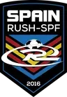 Spain Rush-SPF soccer team logo with shield shape, white text, and a soccer ball.
