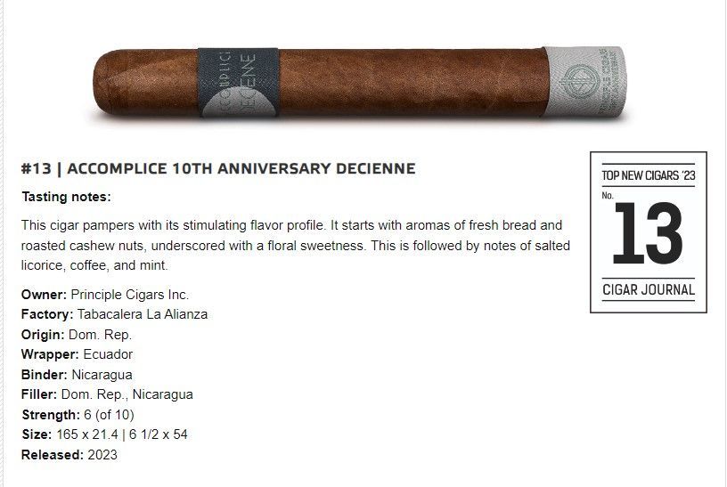 Cigar with label; text describes a