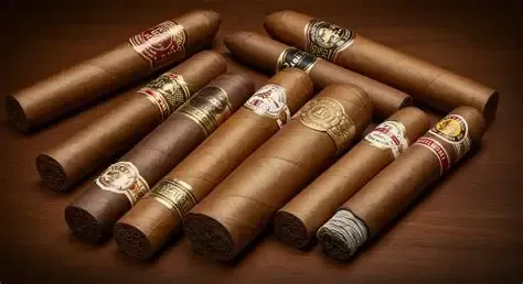 Ten brown cigars with colorful bands on a dark wood surface.