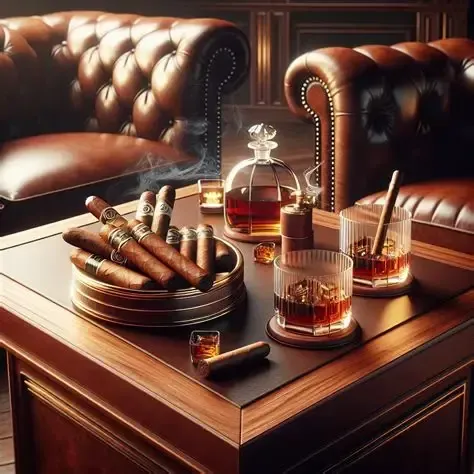 A luxurious, wood-paneled room.  Cigars, whiskey, decanter, and glasses on a coffee table next to leather chairs.