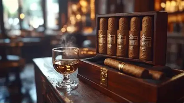Cigar box with cigars, whiskey glass with steam, on a wooden bar in a dimly lit setting.
