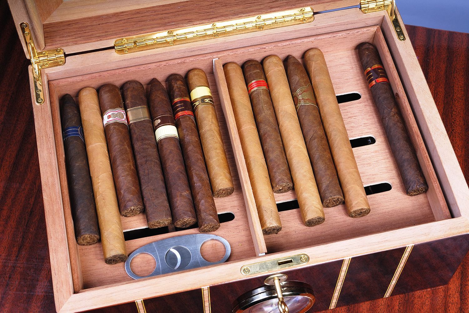 Cigar humidor open, filled with cigars of varying colors. A cigar cutter is inside.