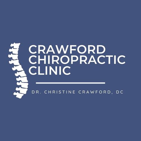 The logo for crawford chiropractic clinic shows a spine on a blue background.