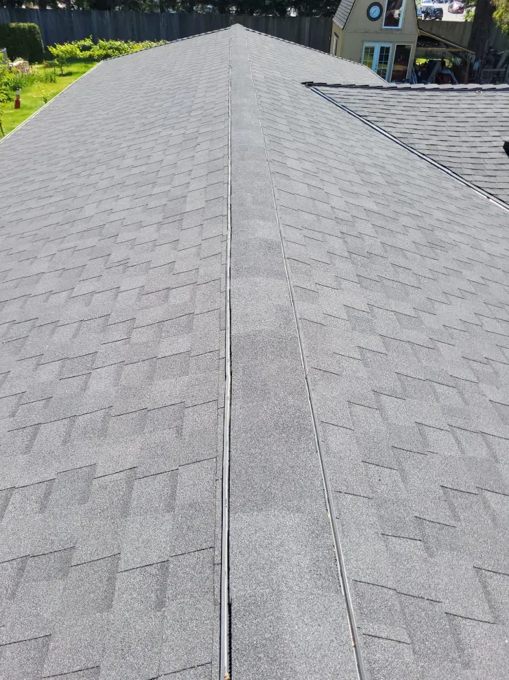 Gray asphalt shingle roof, close up view of the peak, with a flat metal strip down the middle.