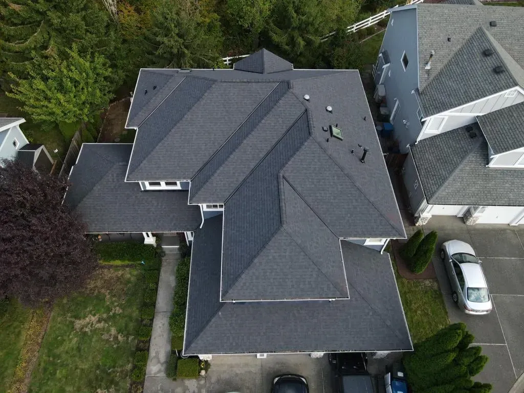 A black roof with a ladder on it is covered in snow.