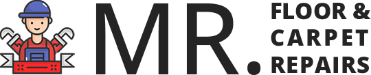 Logo with a cartoon handyman with tools and the text "MR. FLOOR & CARPET REPAIRS."