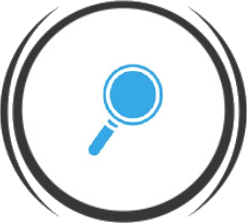 A magnifying glass icon in a circle on a white background.