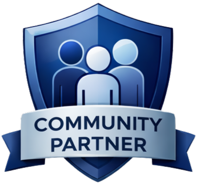 A blue seal with a white leaf inside of it