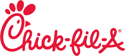 The chick-fil-a logo is red and white and has a chicken foot on it.