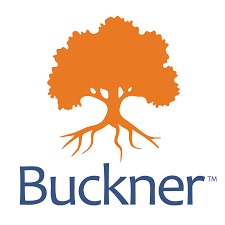 A logo for buckner shows an orange tree with roots