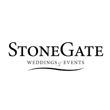 A black and white logo for stonegate weddings and events.