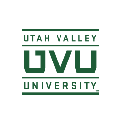 The logo for utah valley university is green and white.