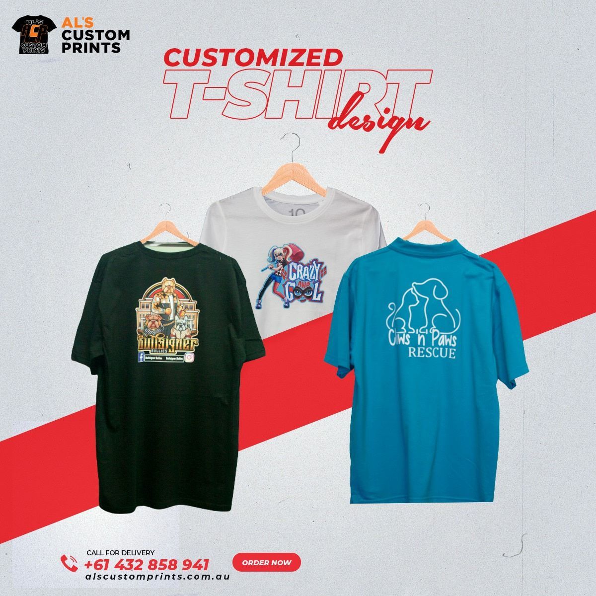 Custom T-shirt Design Ad With Three Hanging Shirts — Al's Custom Prints in Wyong, NSW 