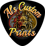 Custom Printing in Wyong Al’s Custom Prints logo with a skull and stylized orange script on a black guitar pick shape