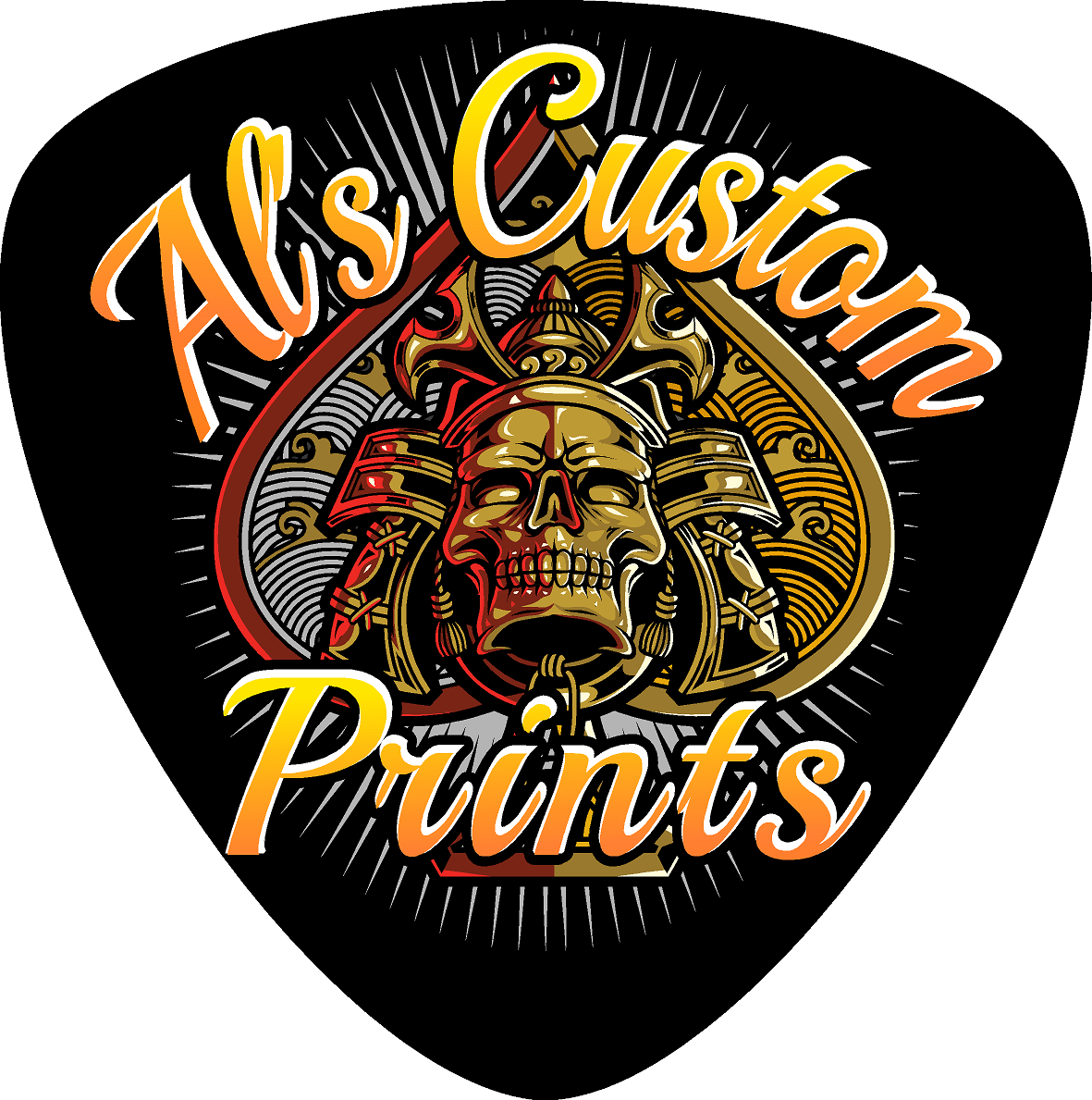 Custom Printing in Wyong Al’s Custom Prints logo with a skull and stylized orange script on a black guitar pick shape
