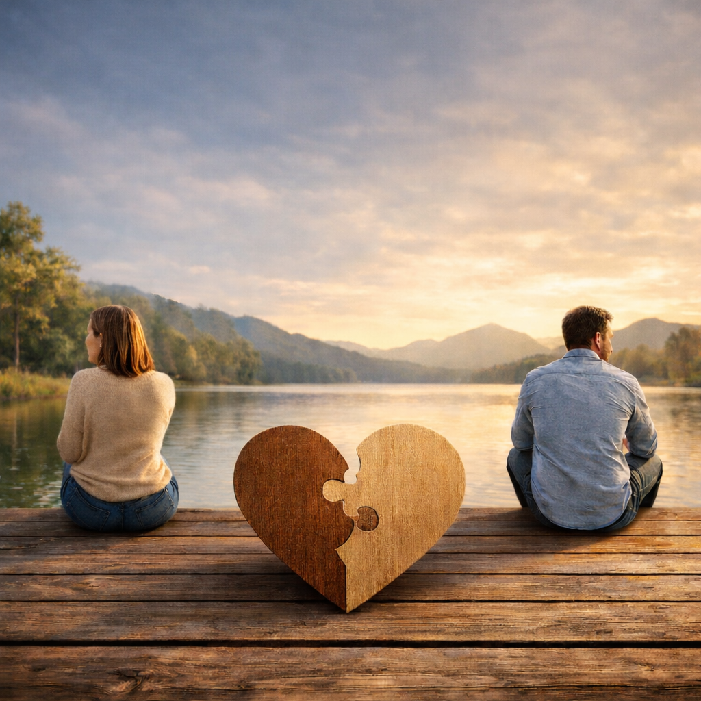 זוג יושב בנפרד עם לב מפוצל ביניהם כסמל לגירושין בהסכמה ולגישור ללא מאבק
